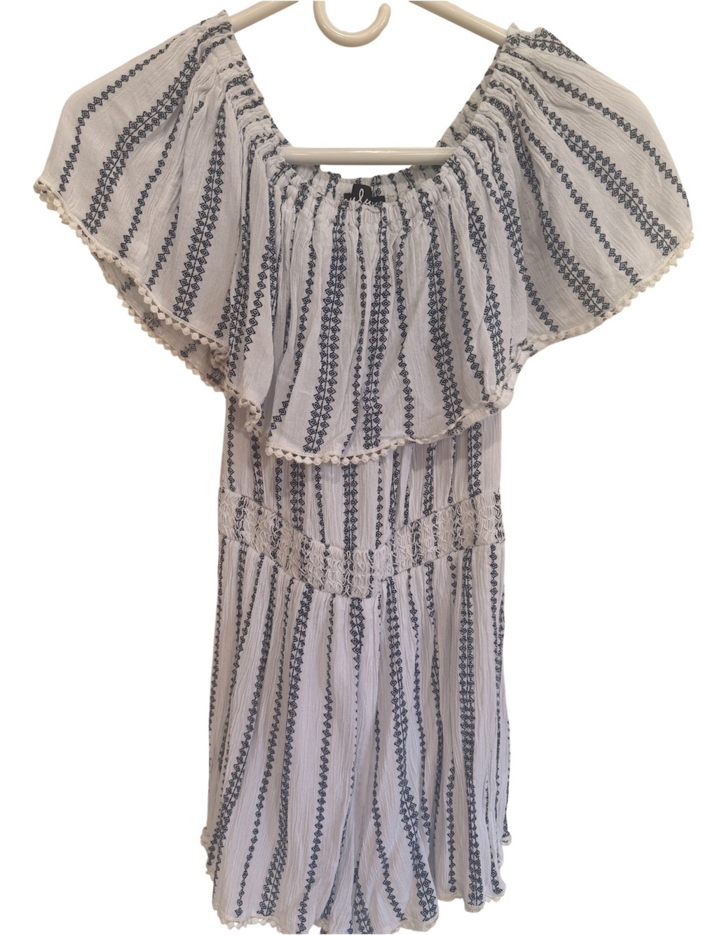 Lulu's White and Navy Vertical-Striped Off-Shoulder Romper